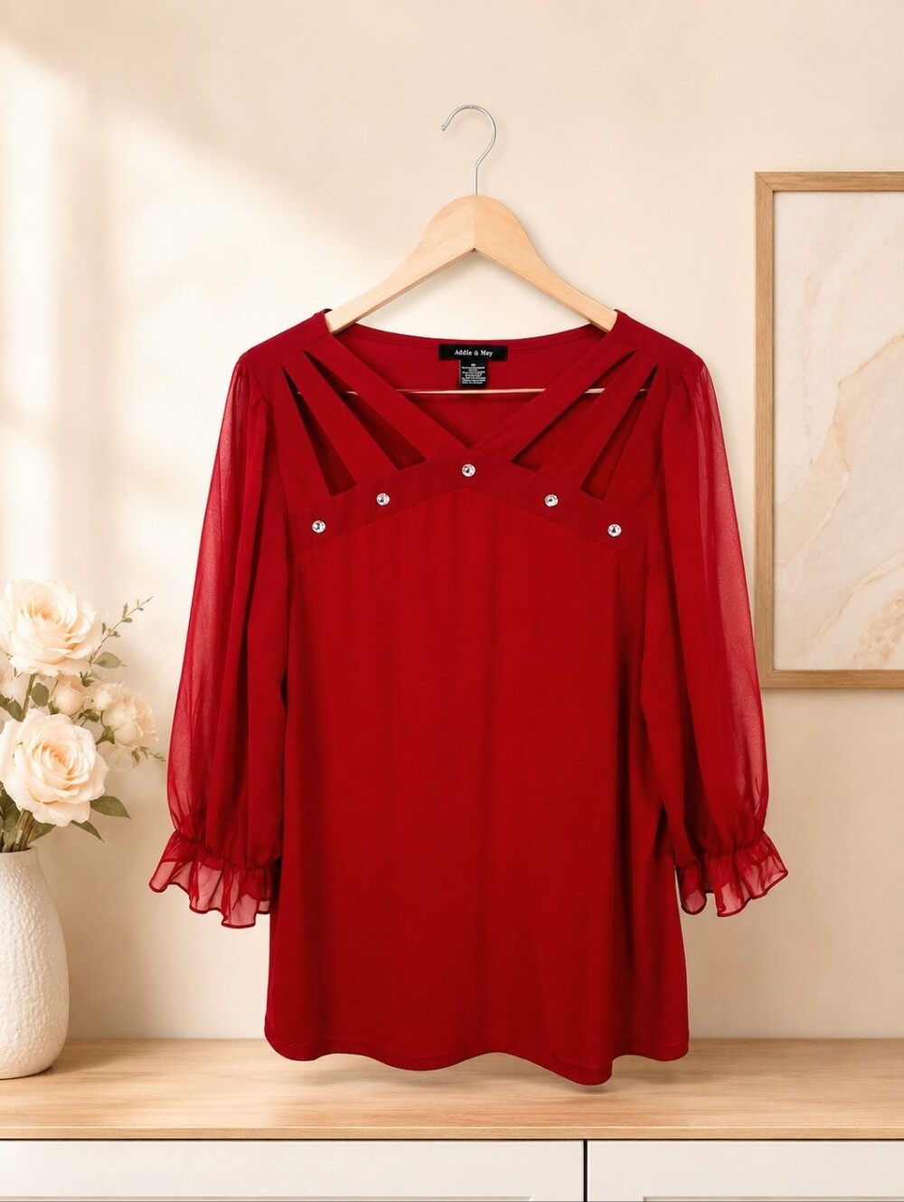 Adele & May Women's Red Sheer Sleeve Blouse Size XL
